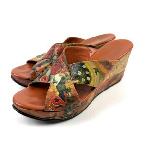 Icon Wearable Art Shoes 7 Floral Leather Cork Slip On Wedge Colorful Heels